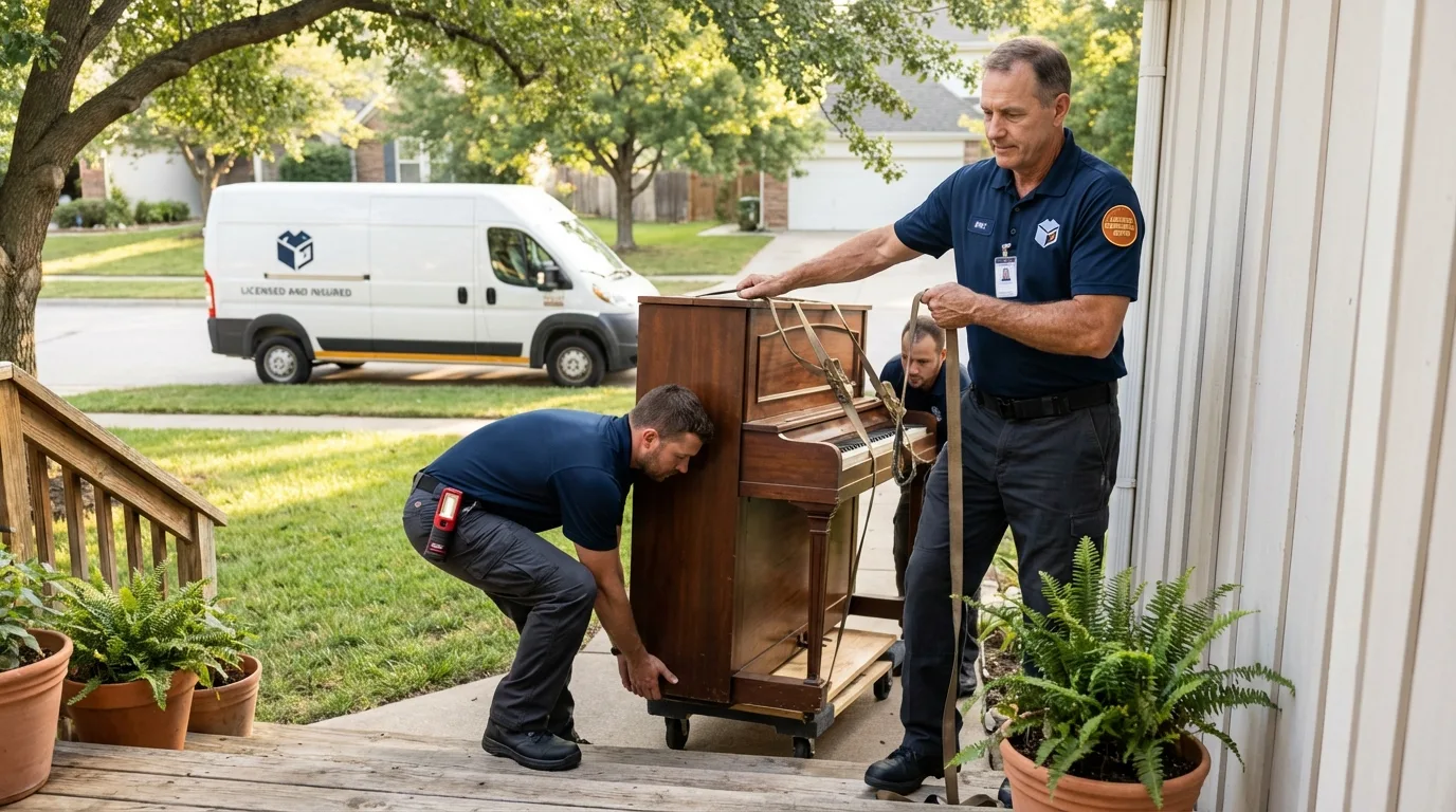 Licensed piano movers securing grand piano in Mechanicsburg, OH