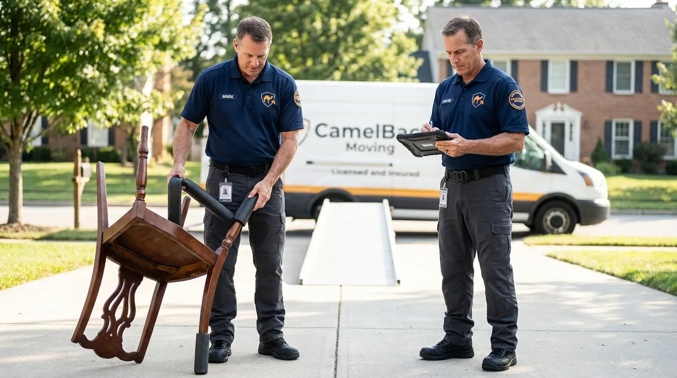 Movers inspecting furniture for damage prevention before loading in Mechanicsburg, OH