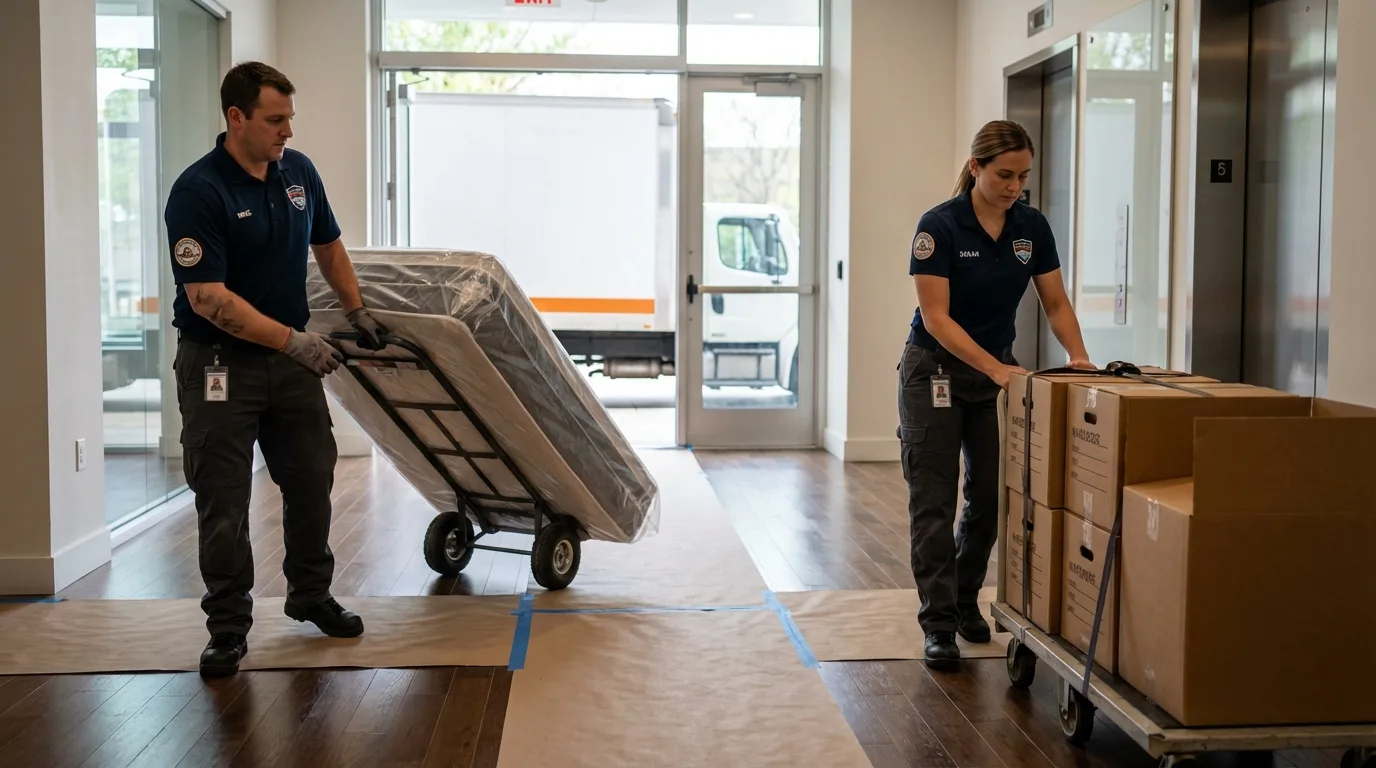 Professional apartment movers loading elevator in Mechanicsburg, OH