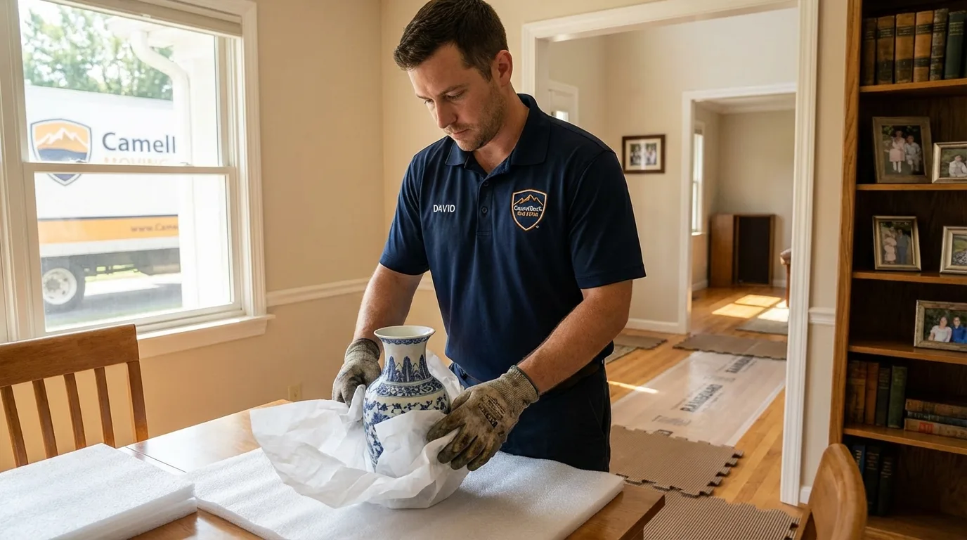 Professional crew carefully wrapping antique vase for senior downsizing move in Mechanicsburg, OH